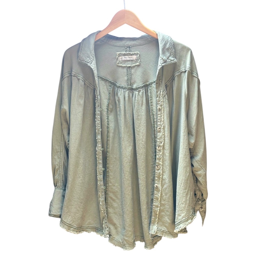 We The Free Sage Linen/Viscose Button Down Collared Shirt | Size Medium - Picture 3 of 10